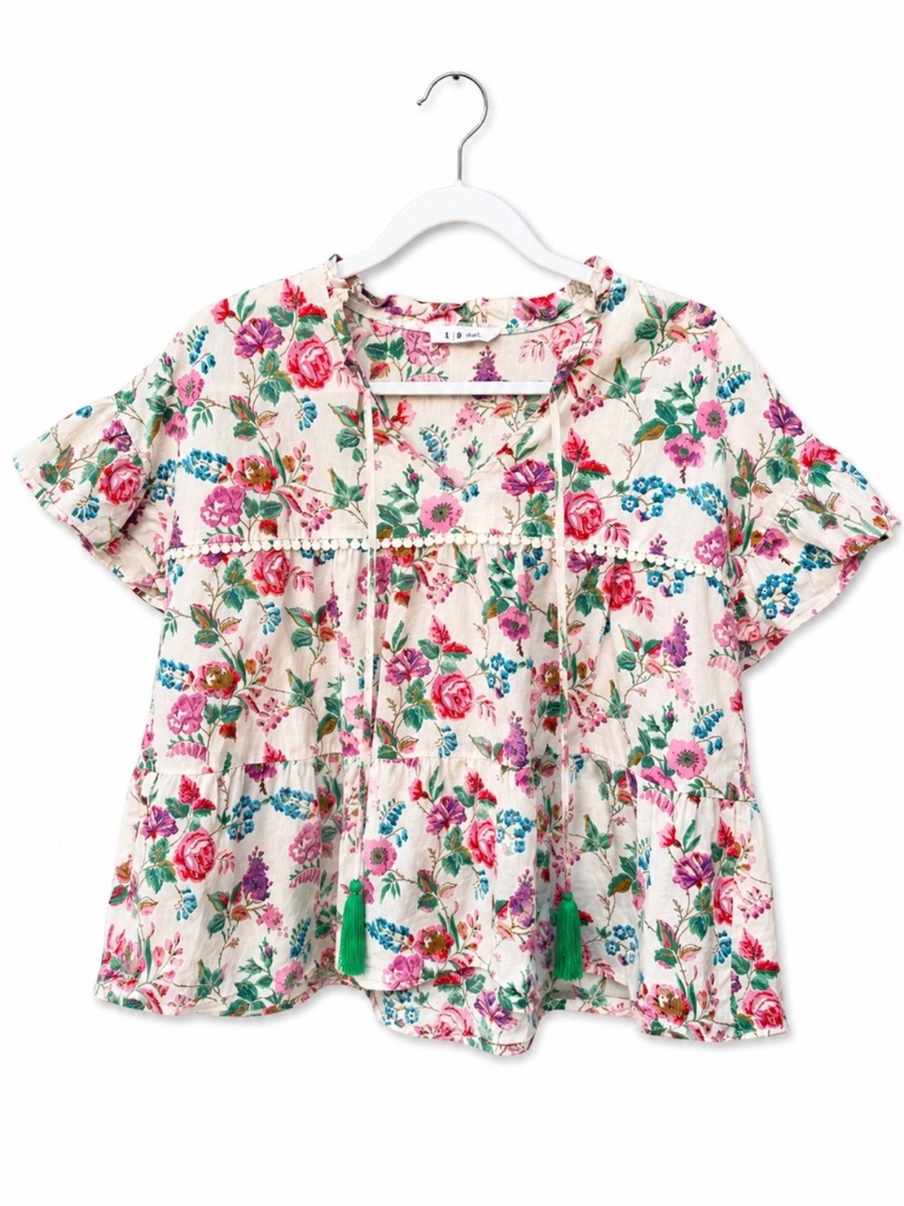 THML Blouse Top Short Boutique Puff Ruffle Floral Cotton Teacher